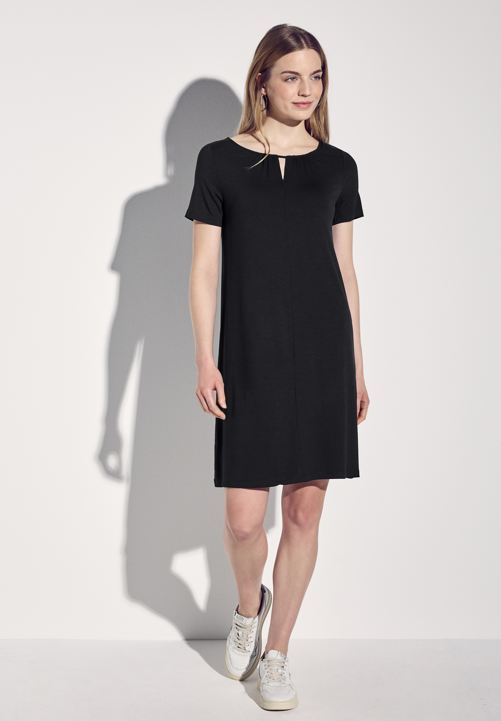 Jerseykleid STREET ONE, Damen, Gr. 36, EURO-Größen, schwarz, Jersey, 95% Viskose, 5% Elasthan, unifarben, gerade knielang, Rundhals, Bündchen, Kleider Jerseykleid, knielang