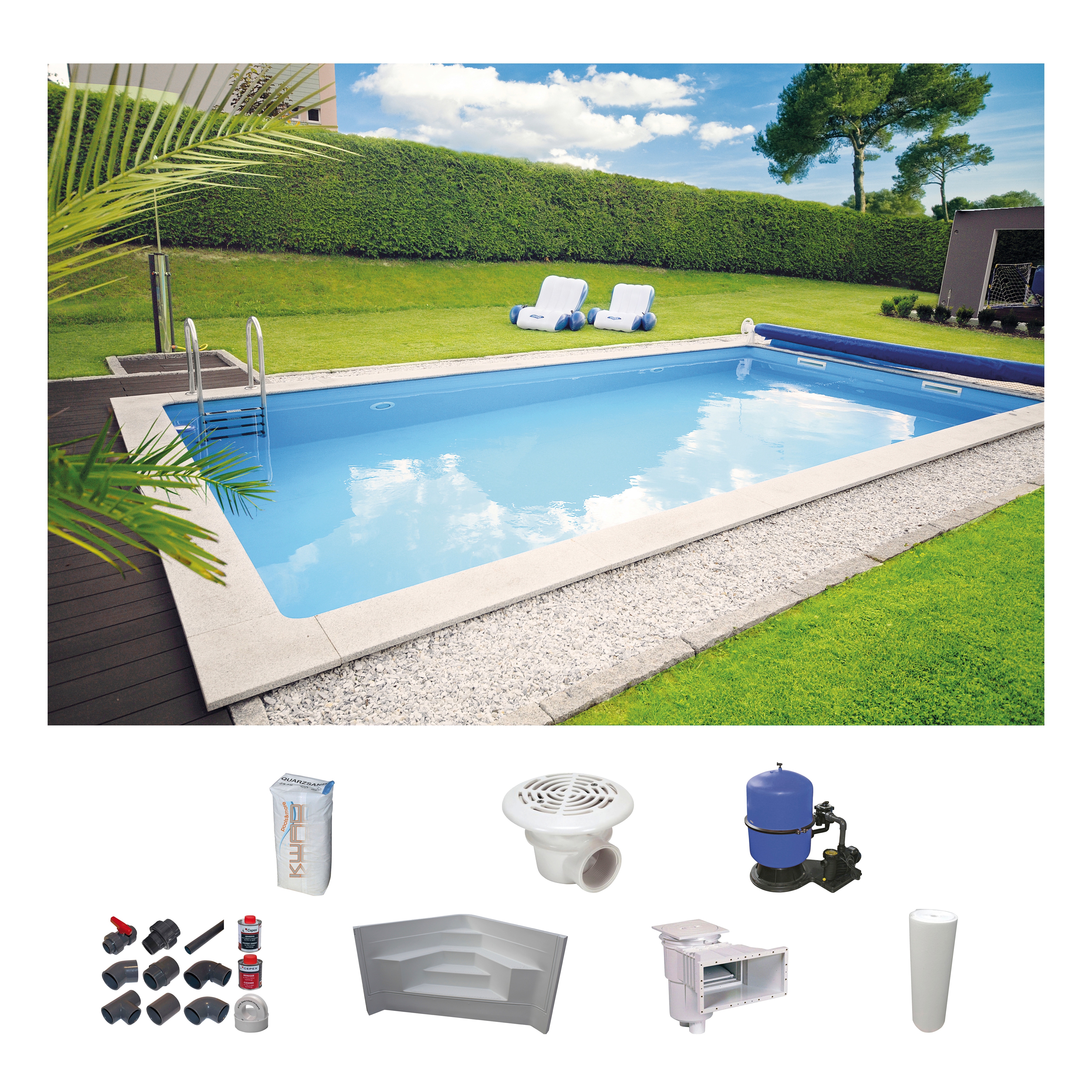Rechteckpool KWAD "mit Ecktreppe", weiß, B:400cm H:150cm L:800cm, Schwimmbecken, 8x4, 7x3,5 oder 6x3m Höhe: 1,50m, mit Foliensack 0,8mm Image