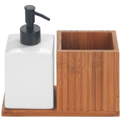 Spülmittelspender WENKO "Modell Mera", braun (dunkelbraun), B:18,5cm H:17cm T:8,5cm, Bambus, Keramik, Kunststoff, Dosierspender, mit Utensilienhalter, Keramik & geräucherter Bambus, Landhaus-Stil Image