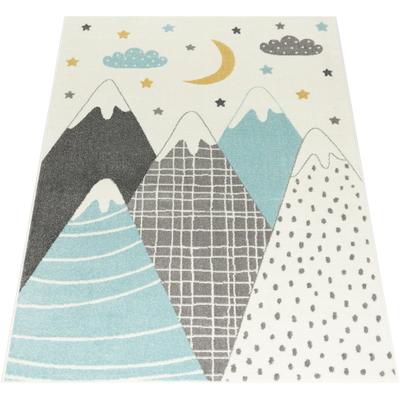 Kinderteppich PACO HOME "Nino 886", blau, B:133cm H:13mm L:133cm, Polypropylen, Teppiche, Kurzflor, Spielteppich, Motiv Berge & Sterne, Pastell-Farben Image