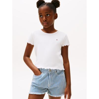 T-Shirt TOMMY HILFIGER "ESSENTIAL RIB TOP mit Babylock-Kanten und Stickerei", Mädchen, Gr. 4 (104), weiß, Rippware, Obermaterial: 95% Baumwolle, 5% Elasthan, unifarben, normal, Rundhals, Kurzarm Rollkante, Shirts, unifarben, casual, regular fit,... Image