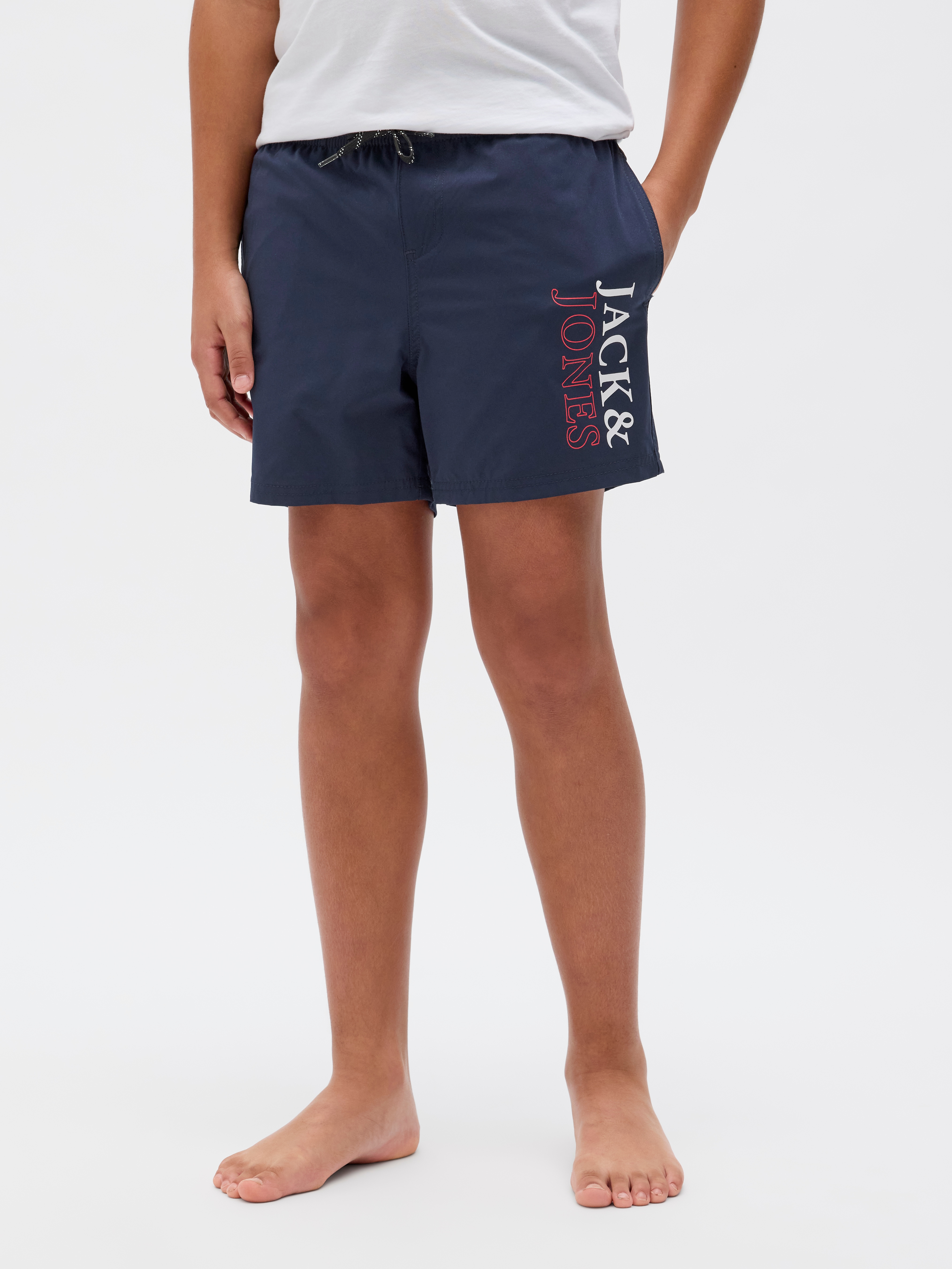 Badeshorts JACK & JONES JUNIOR "JPSTMAUI mit Logoprint und praktischen Taschen", Jungen, Gr. 128, N-Gr, blau (navy blazer), Web, Polyester, bedruckt, Badehosen, bedruckt, modisch, regular fit, Web Image