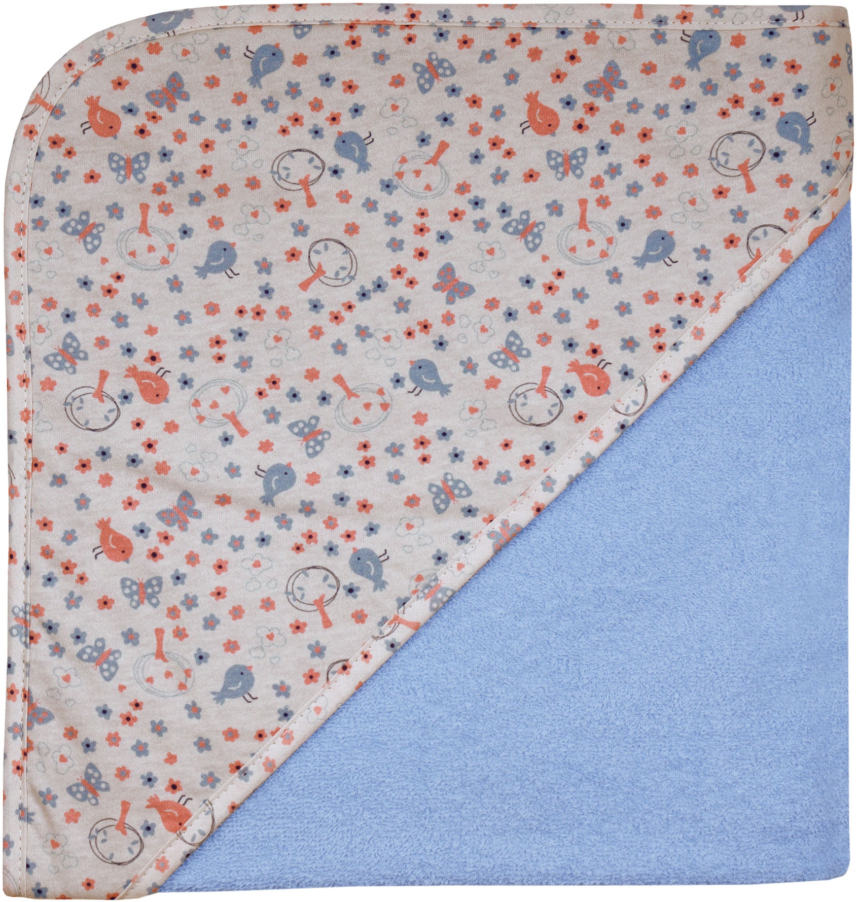Kapuzenhandtuch WÖRNER "Vogel sky Kapuzenbadetuch 100/100", blau (sky), B:100cm L:100cm, Frottee, Frottier, Handtücher, obere Lage der Kapuze aus bedrucktem Single-Jersey