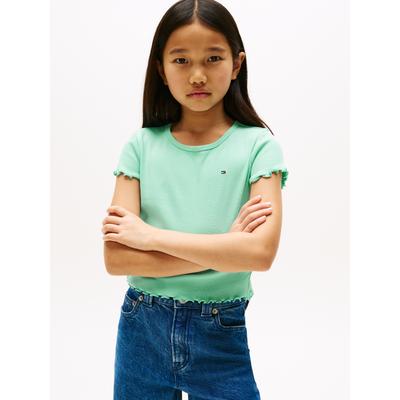 T-Shirt TOMMY HILFIGER "ESSENTIAL RIB TOP mit Babylock-Kanten und Stickerei", Mädchen, Gr. 6 (116), grün (menthol), Rippware, Obermaterial: 95% Baumwolle, 5% Elasthan, unifarben, normal, Rundhals, Kurzarm Rollkante, Shirts, unifarben, casual,... Image