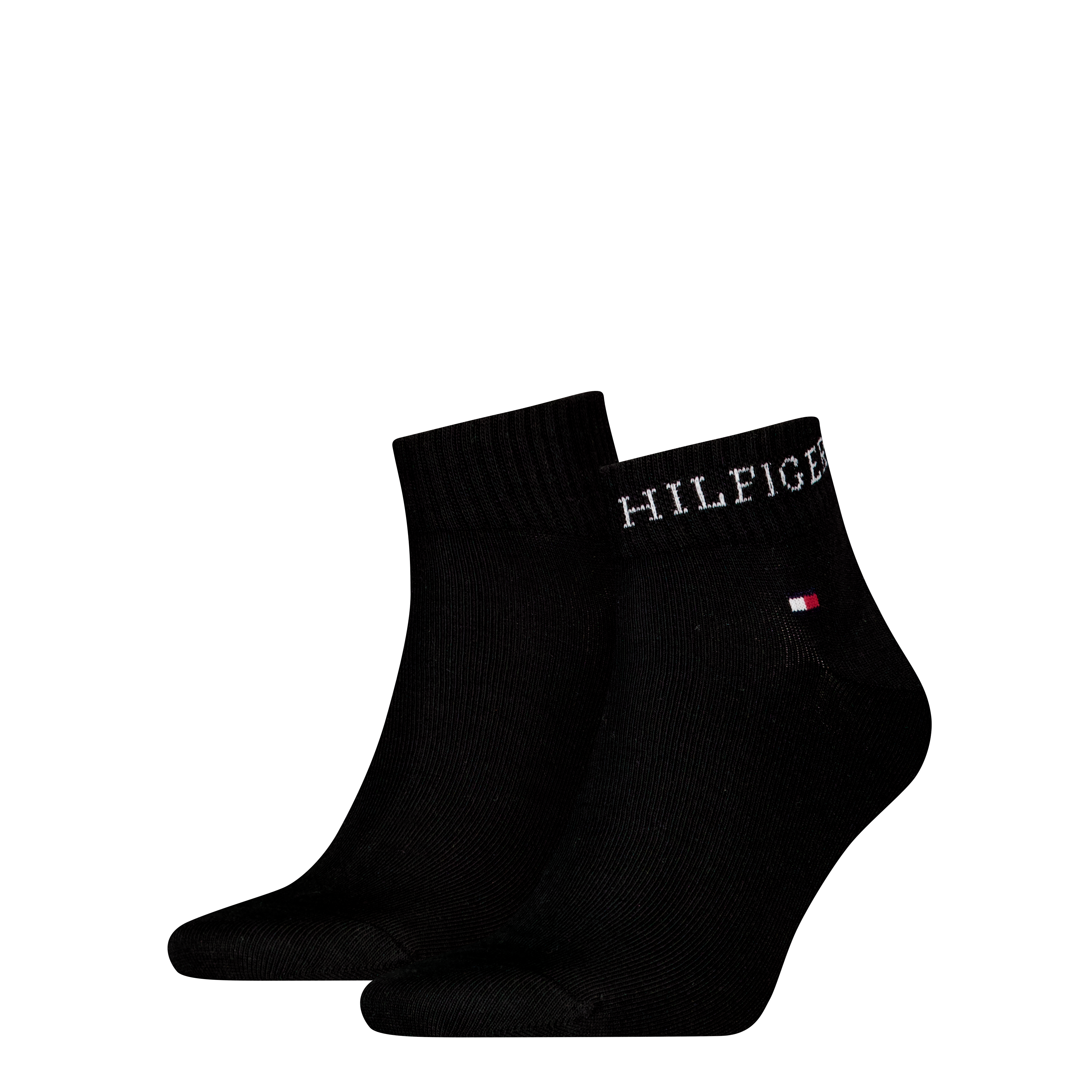 Kurzsocken TOMMY HILFIGER "TH MEN QUARTER 2P HILFIGER TAB", Herren, Gr. 43-46, schwarz, Baumwollmischung, normal, Socken, Logo-Flag und Schriftzug