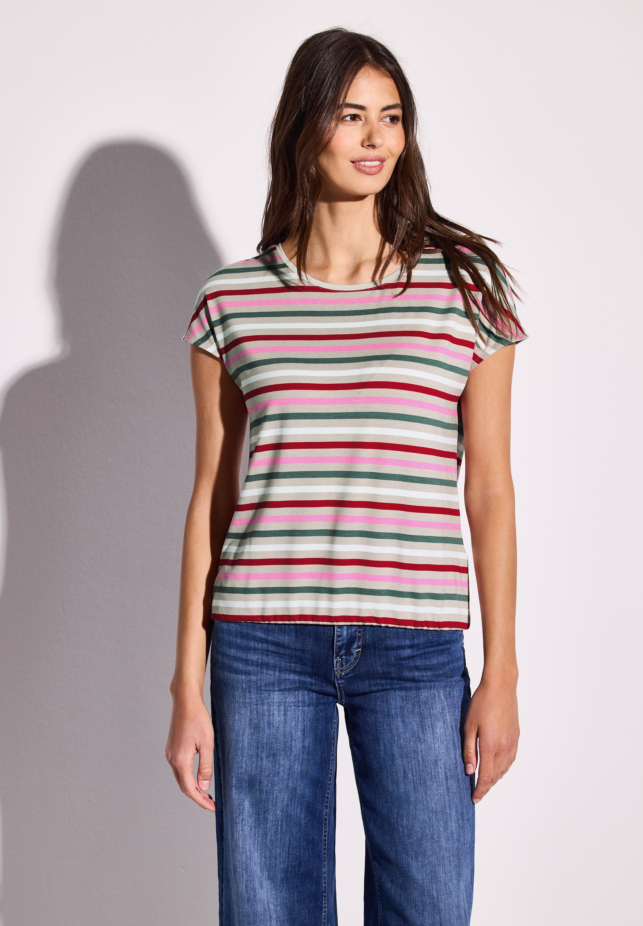 T-Shirt STREET ONE, Damen, Gr. 34, beige (moonstone sand), Stoff, 95% Viskose, 5% Elasthan, gestreift, normal normal, Rundhals, abgesteppt, Shirts T-Shirt, aus softer Viskose