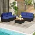 5 Pieces Patio Furniture Set Outdoor Sectional Sofa with Acacia Wood Coffee Table & Cushions Wicker Patio Conversation Set for Porch Deck Balcony Poolside & Backyard (Navy Blue)