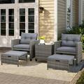 Sobaniilo 5 Piece Patio Furniture Set Outdoor PE Wicker Patio Chair Two with Ottoman Underneath Wicker Lounge Chair with Side Table Gray