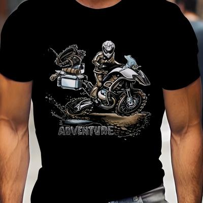 TEMU Men's 3d Motorcycle Graphic T-shirt - Adventure Print, Black Retro Streetwear, Comfortable Summer Tee For Bikers And Casual Outfits Image