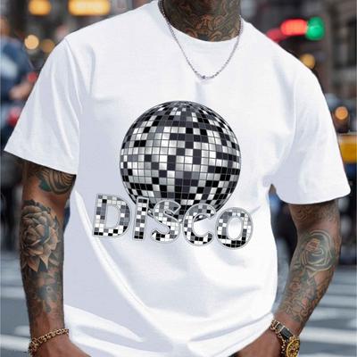 TEMU Men's Disco Ball Graphic T-shirt - Casual Crew Neck, Short Sleeve, Lightweight Summer Top, Reflective Checkered Design, Disco Clothes Image