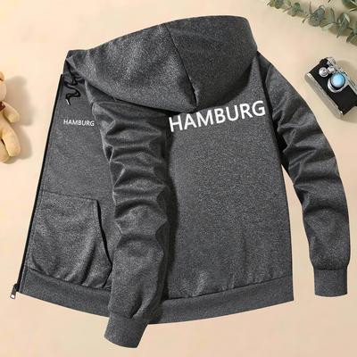 TEMU Men's Trendy Autumn And Winter Hooded Jacket With Hamburger Print, Stylish And High-end Casual Jacket For Young Men, Featuring A Collar. Image