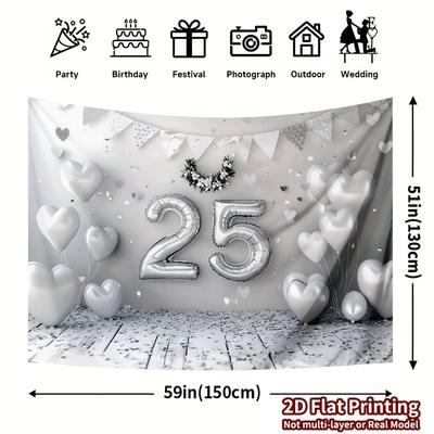 TEMU 1pc 2d Flat Party Banner, 25th Anniversary Silvery Wedding Background Banner, Wedding Birthday Party Decoration, Indoor Outdoor Props Image