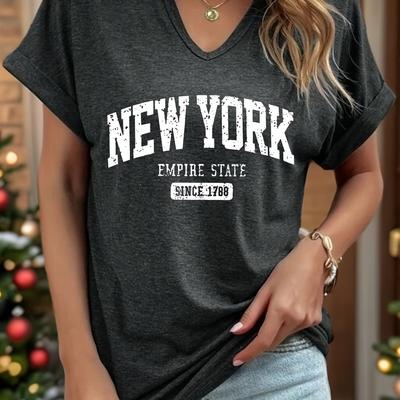 TEMU Women's Letter Print T-shirt - Casual Roll-up Short Sleeve V-neck Top, Gray With White Text, Regular Fit H-silhouette, Machine Washable , Ladies T Shirts, , Notch Tee, Relaxed Image