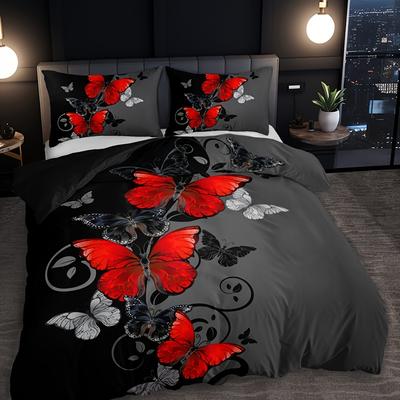 TEMU 2/3pcs Red Black Patterned Duvet Cover Set (1 Duvet Cover + 1/2 Pillowcases Without Pillow Inserts), Home Dormitory High-definition Print Romantic Elegant Gray Black Bedroom Bedding Image