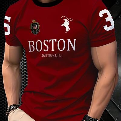 "TEMU Boston 3d Print Men's Casual Short Sleeve T-shirt - " Life" Design, Red With Accents, Polyester Blend, Summer Essential For Casual Attire" Image