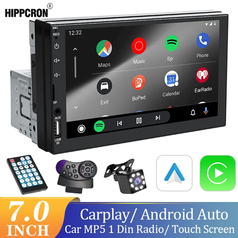 Hippcron 7“ Autoradio 1Din Multimedia MP5-Player unterstützt kabelgebundenes Carplay Android Auto AUX USB FM Bluetooth MirrorLink Universal Image
