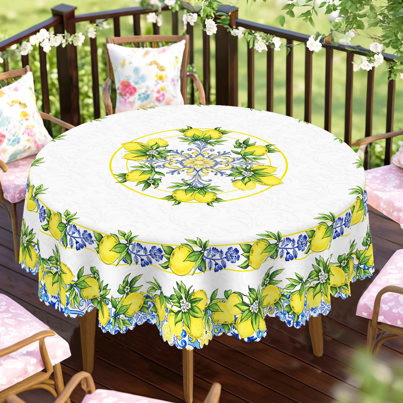 1-teilige runde und rechteckige Tischdecken mit Retro-Zitronenmotiv, mehrere Größen erhältlich, Provence-Design mit gelbem Zitronenblütenmuster, Frühling und Sommer, Küchengebrauch, Party-Tischdecken Image