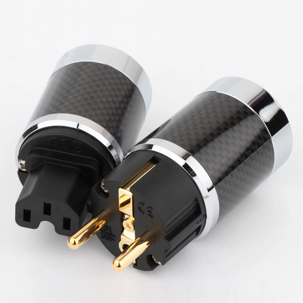 Paar EU-Schuko-Stecker aus schwarzer Kohlefaser, 2-polig, EU-EUR-Schuko-Netzstecker, vergoldet/rhodiniert, DIY-Netzadapter Image