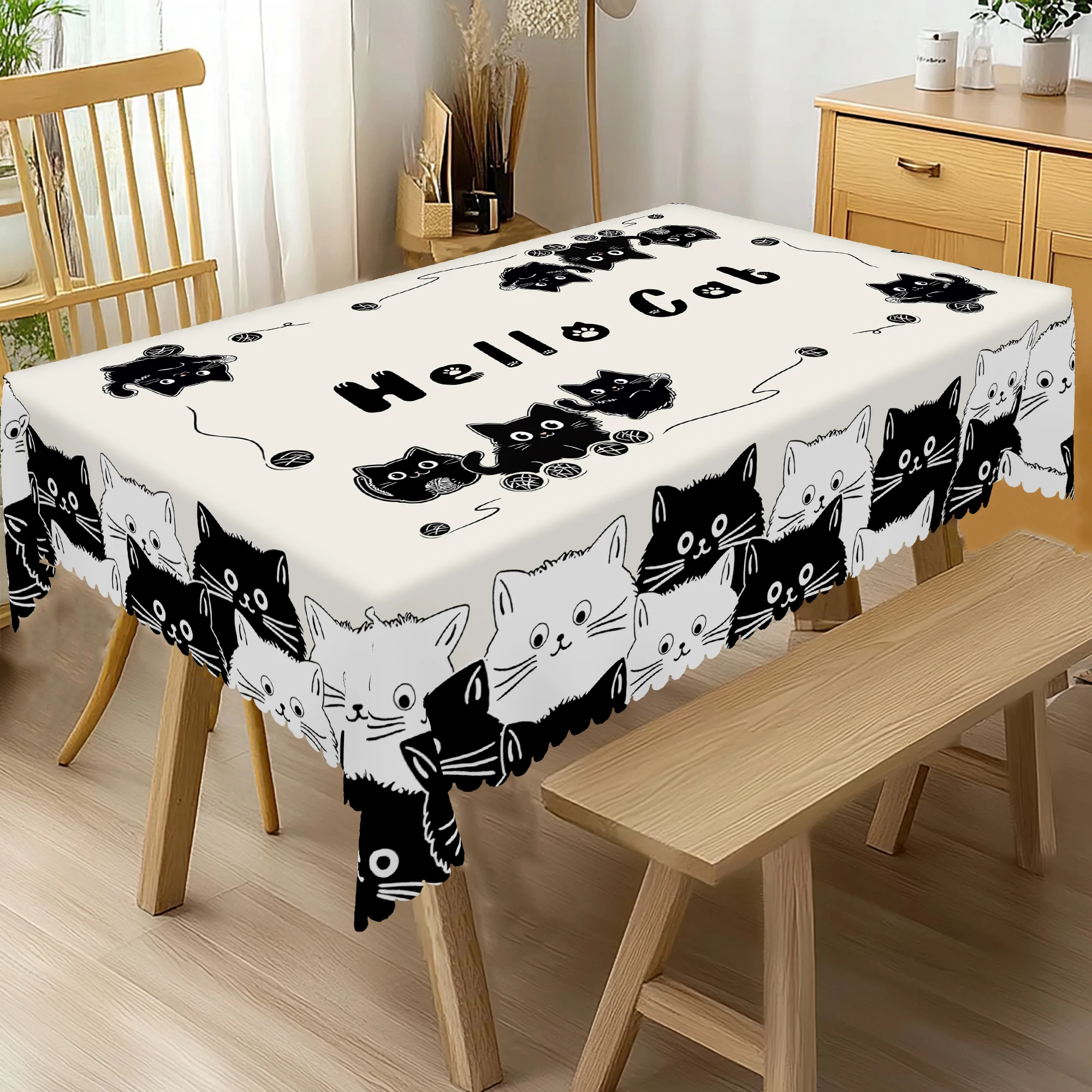 1-teilige schwarz-weiße Katzenmuster-Tischdecke, süße Katzendekoration, Partyzubehör, maschinenwaschbare Polyester-Tischdecke mit Spitze, geeignet für Party, Café, Restaurant, Zuhause, Innen- und Image