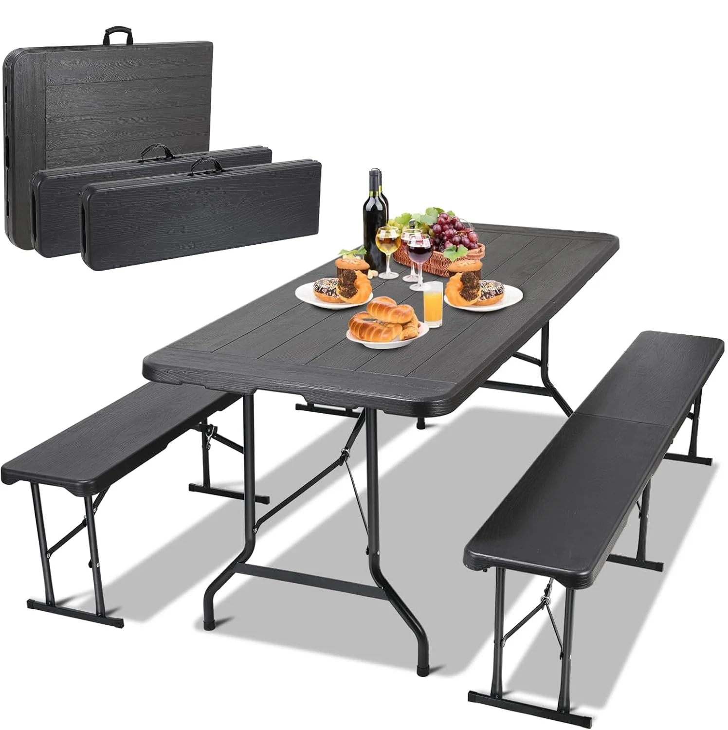 Tragbarer 180 cm Kunststoff-Klapptisch und 2 Bank-Set für drinnen und draußen, robust, zur Hälfte klappbar, für Picknick, Party, Camping, Grilltisch, Stuhl