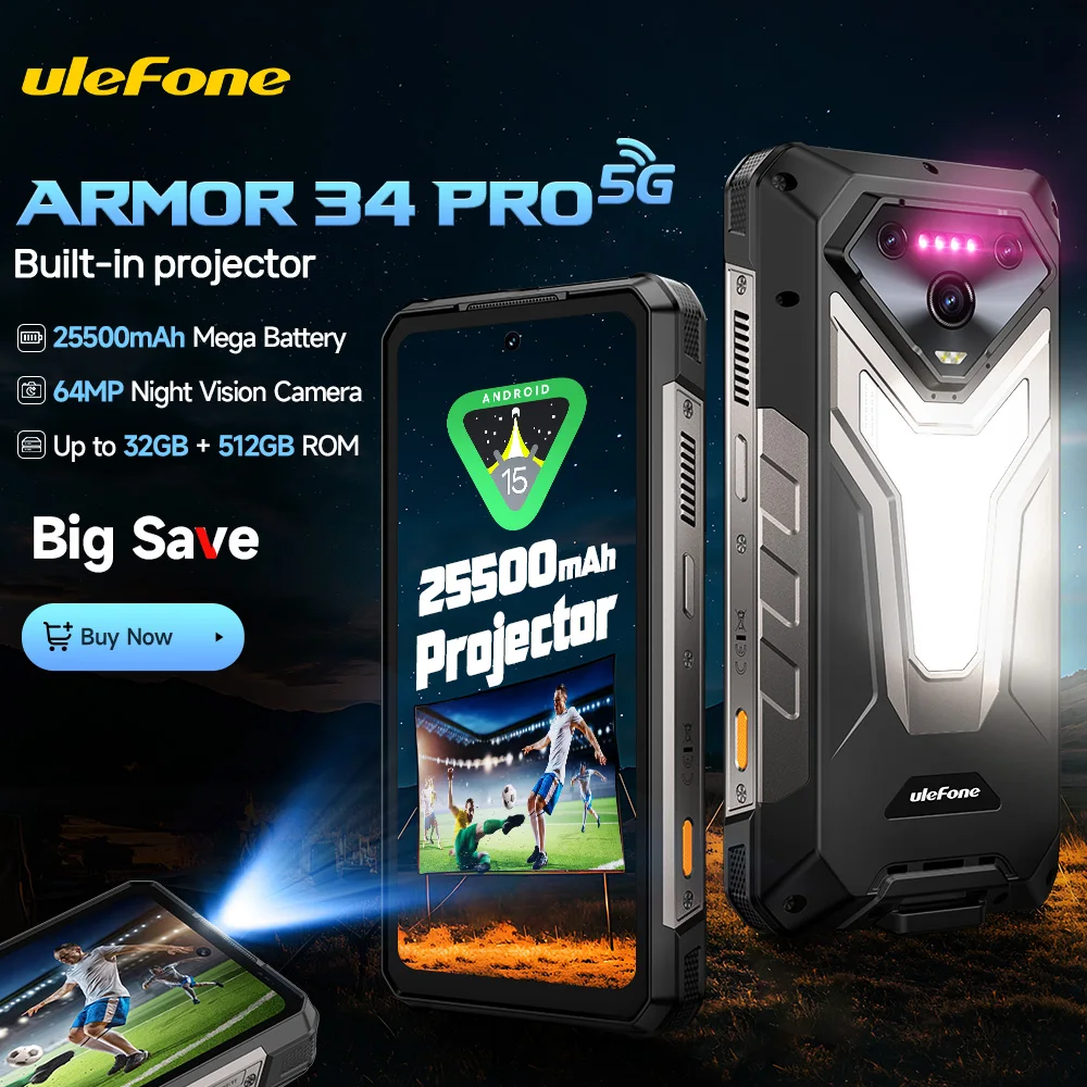 【Weltpremiere】 Ulefone Armor 34 Pro 5G AI Rugged Phone 25500 mAh Bis zu 32 GB + 512 GB Eingebauter Projektor 120 Hz 6,95 Zoll NFC Smartphone LED-Licht IP69K 64 MP Nachtsicht-Mobiltelefon Image