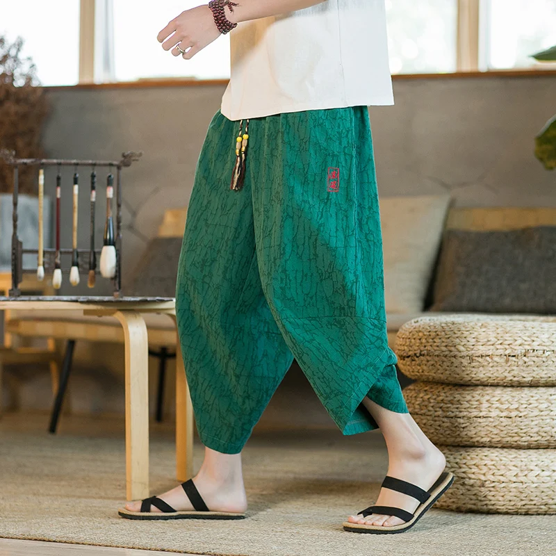 Japan Stil Kimono Capris Hosen Männer Retro Jacquard Kalb Länge Breite Bein Hosen Lose Oversize Casual Harem Hosen Streetwear