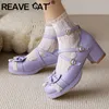 REAVE CAT Lolita Mädchen-Pumps, Schnallenriemen, Schleife, große Größe 43, 44, 45, süße Schuhe für Schüler, 33 runde Zehen, Blockabsätze, Plattform