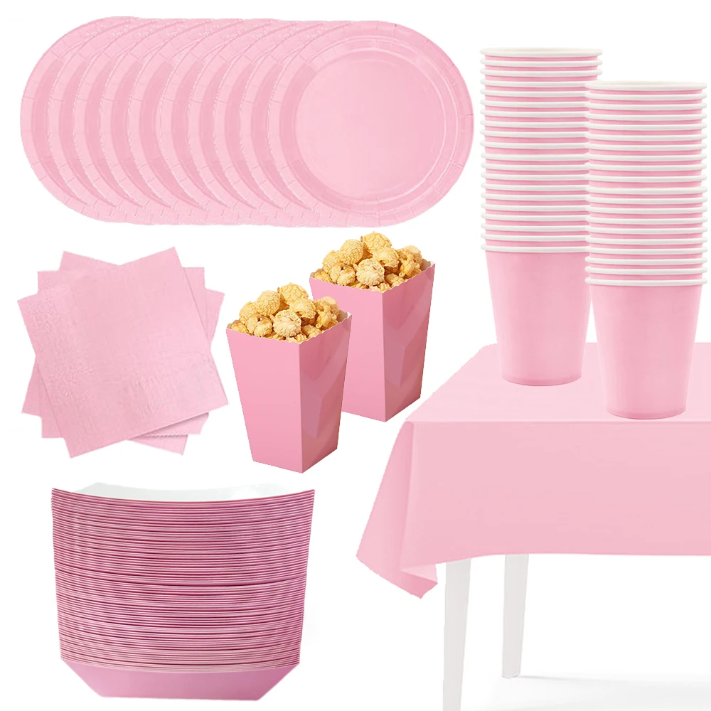 Solide hellrosa Thema Super Mädchen Geburtstag Party Einweggeschirr Tassen Teller Tischdecken Kind Babyparty Hochzeitszubehör Image