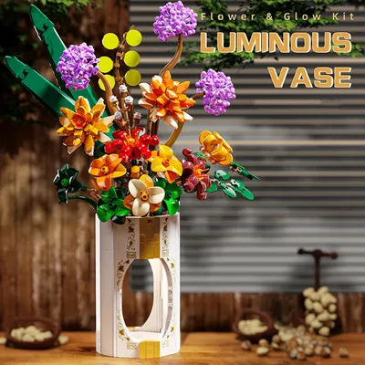 Romantic Rose Bouquet Luminous Vase Building Blocks Eternal Flower Plant Puzzle Bricks Toys Desktop Decor Valentine's Day Gifts Image