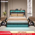 Letto imbottito Comanlai, 140 x 200 cm, letto matrimoniale a LED con 4 cassetti e rete a doghe, collegamenti USB e tipo C, letto per giovani,Grigio