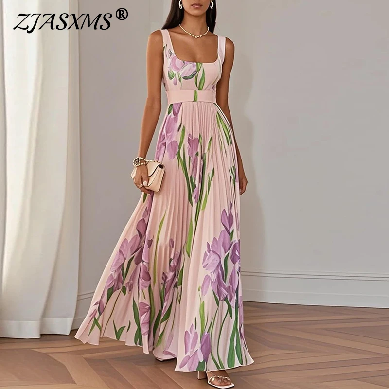 Abiti Mujer Abito sexy a pieghe con colletto quadrato Donna Primavera Stampa floreale Abiti lunghi a vita alta Nuovo vestito estivo senza maniche estivo