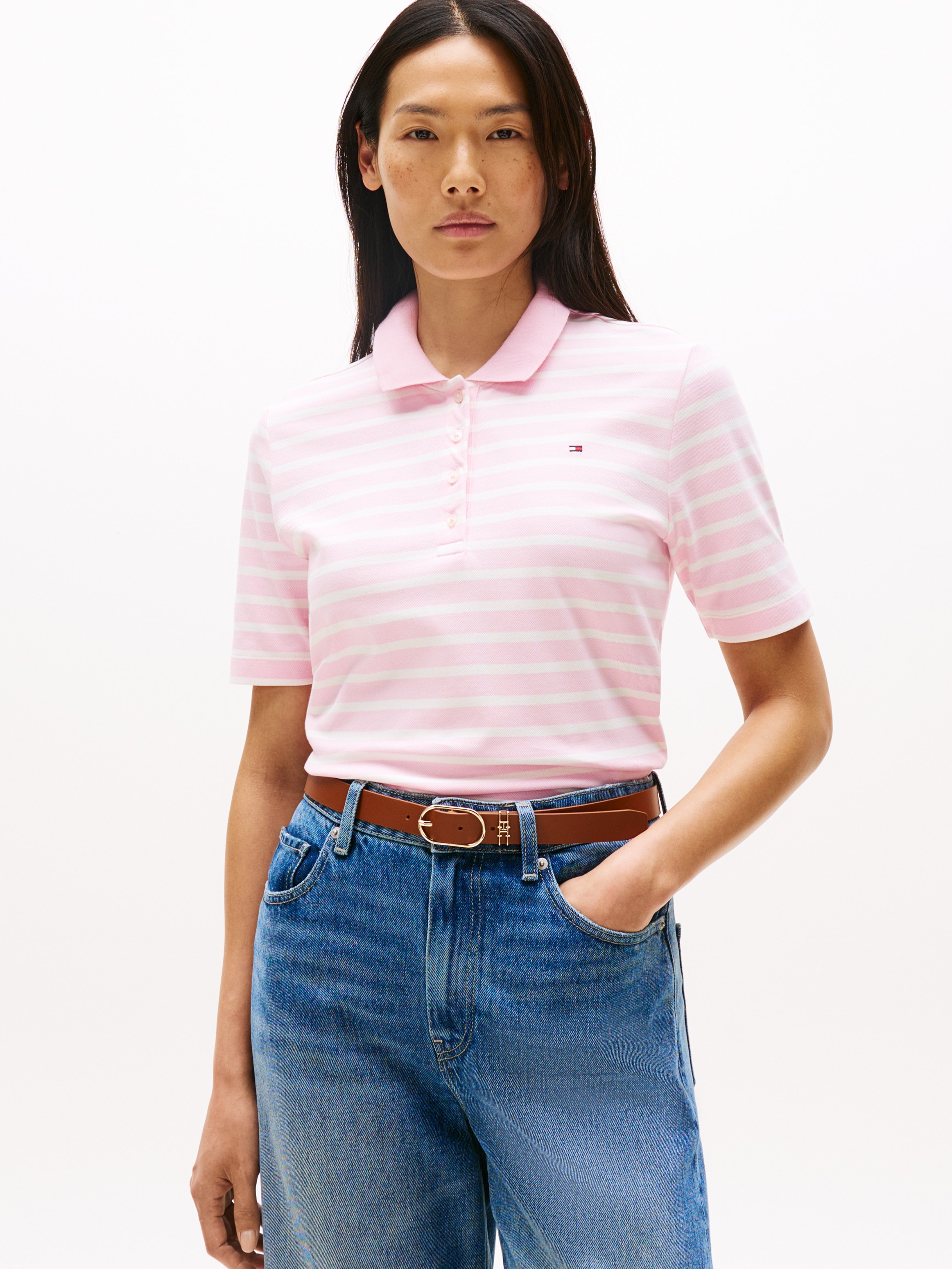 Poloshirt TOMMY HILFIGER "1985 Regular Fit Pique Premium Polo", Damen, Gr. S (36), rosa (breton stp classic pink, ecru), Piqué, Obermaterial: 96% Baumwolle, 4% Elasthan, gestreift, regular fit hüftlang, abgesteppt, Shirts, mit Logo-Stickerei, mit... Image