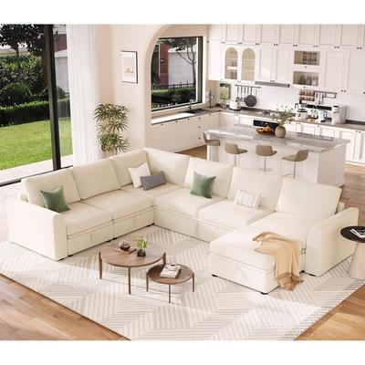 U Shaped Sectional Sleeper Sofa with Pull Out Bed, Chenille Modular Sectional Sofa