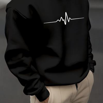 TEMU Mbdmbd Men's Casual Ecg Heartbeat Graphic Print Crewneck Sweatshirt - Dark Green, Regular Fit, Machine Washable, Trendy Streetwear, Durable Fabric Image
