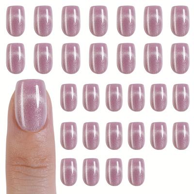 TEMU 30pcs Mixed Short Square Shape Strobe Finish Acrylic Nails With Holiday Elements - Purple, Silvery, Pink, And Blue For Women's Spring And Summer, Festive Gatherings, Casual Wear, And Daily Use Image
