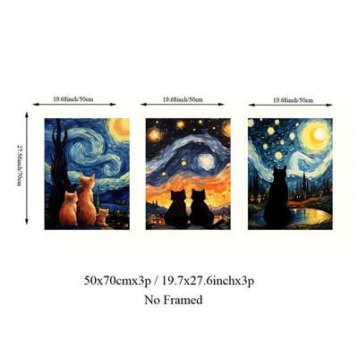 TEMU 3pcs Unframed Canvas Art Prints - Van Gogh Starry Night & Black Cat Wall Decor For Bedroom, Living Room, Home Office Posters Image