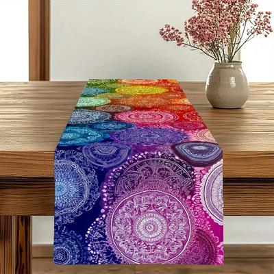 TEMU 1pc Gradient Mandala Table Runner - Colorful Circular Pattern Polyester Fabric, Lightweight & Easy-clean Kitchen Dining Decor, Tabletop Accent For Modern & Traditional Styles Image