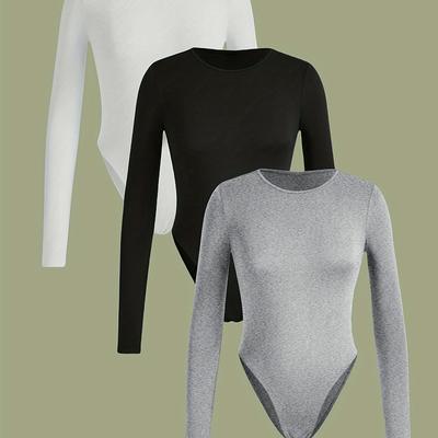 TEMU 3pcs Women's Slim Fit Bodysuits - Comfortable & Stylish Long Sleeve, Round Neck, Solid Color Tops In White, Black, & Gray - Casual Fashio Image