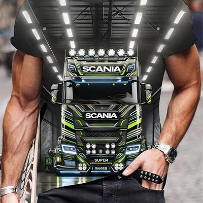 TEMU Men's 3d Graphic T-shirt With Truck Neon Design - Casual Round Neck Summer Tee, Machine Washable Regular Fit For Adults, Everyday , Comfortable Wear Image
