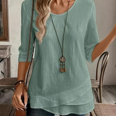 TEMU Women's Casual Crew Neck Blouse With Ruffle Hem - Light Blue, Three-quarter Sleeve, Spring And Summer, Casual Weekend Top|ruffle Hem Top|elegant Neckline, Ladies Casual Wear Image