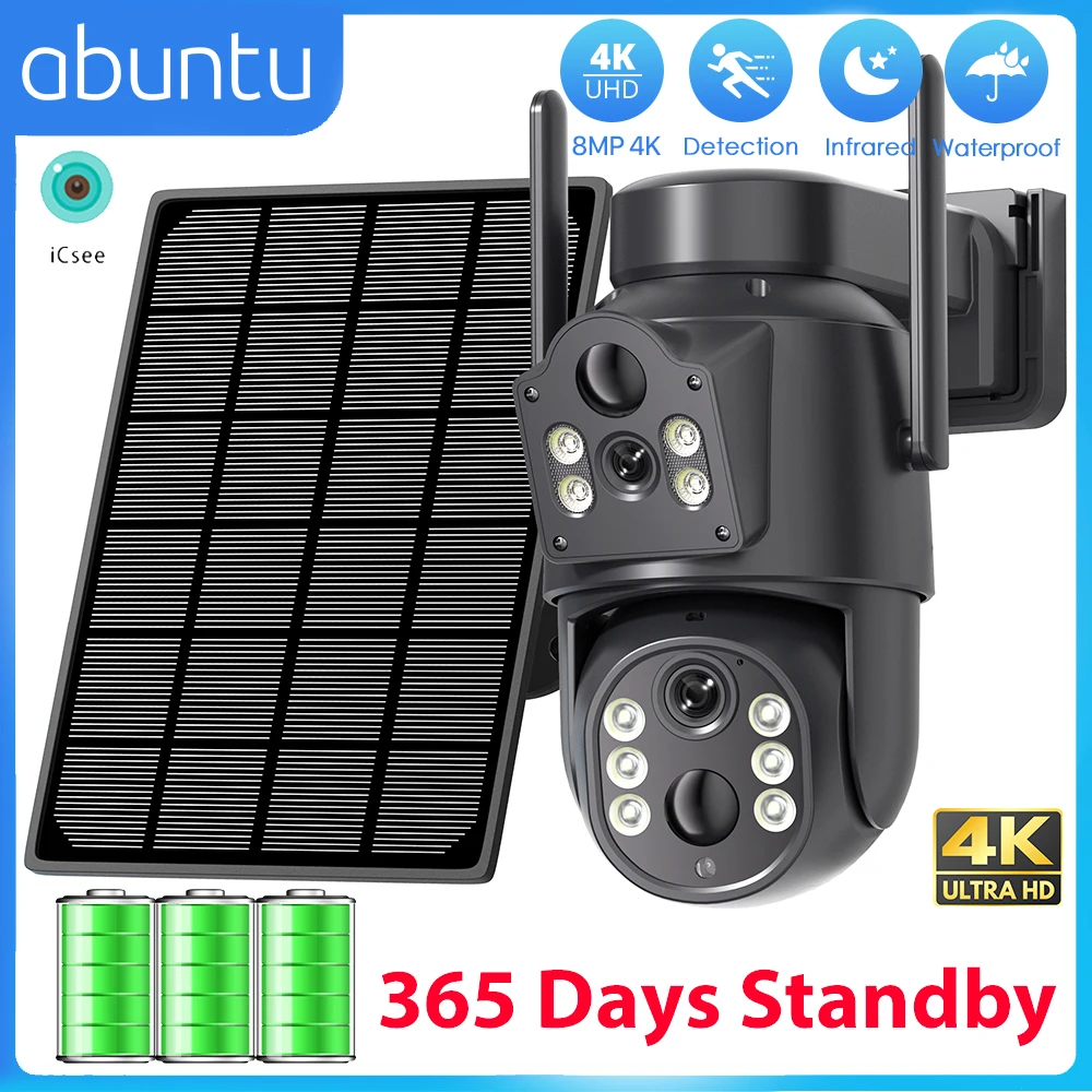 ABUNTU 8MP 4K Wireless Solar Kamera Wifi Dual Bildschirme ICSEE Sicherheit Kamera Solar Panel 365 Tage Standby PIR menschliche Erkennung Image