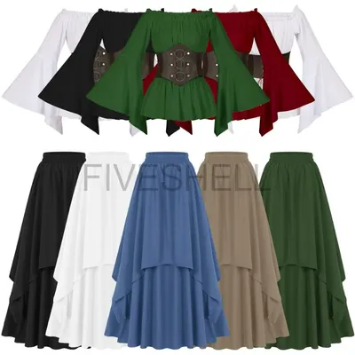 Damen Mittelalter Retro Gothic Viktorianischer Stil Rock Lotusblatt Ärmel Top Kostenlose Kollokation Renaissance Cosplay Kostüme Image
