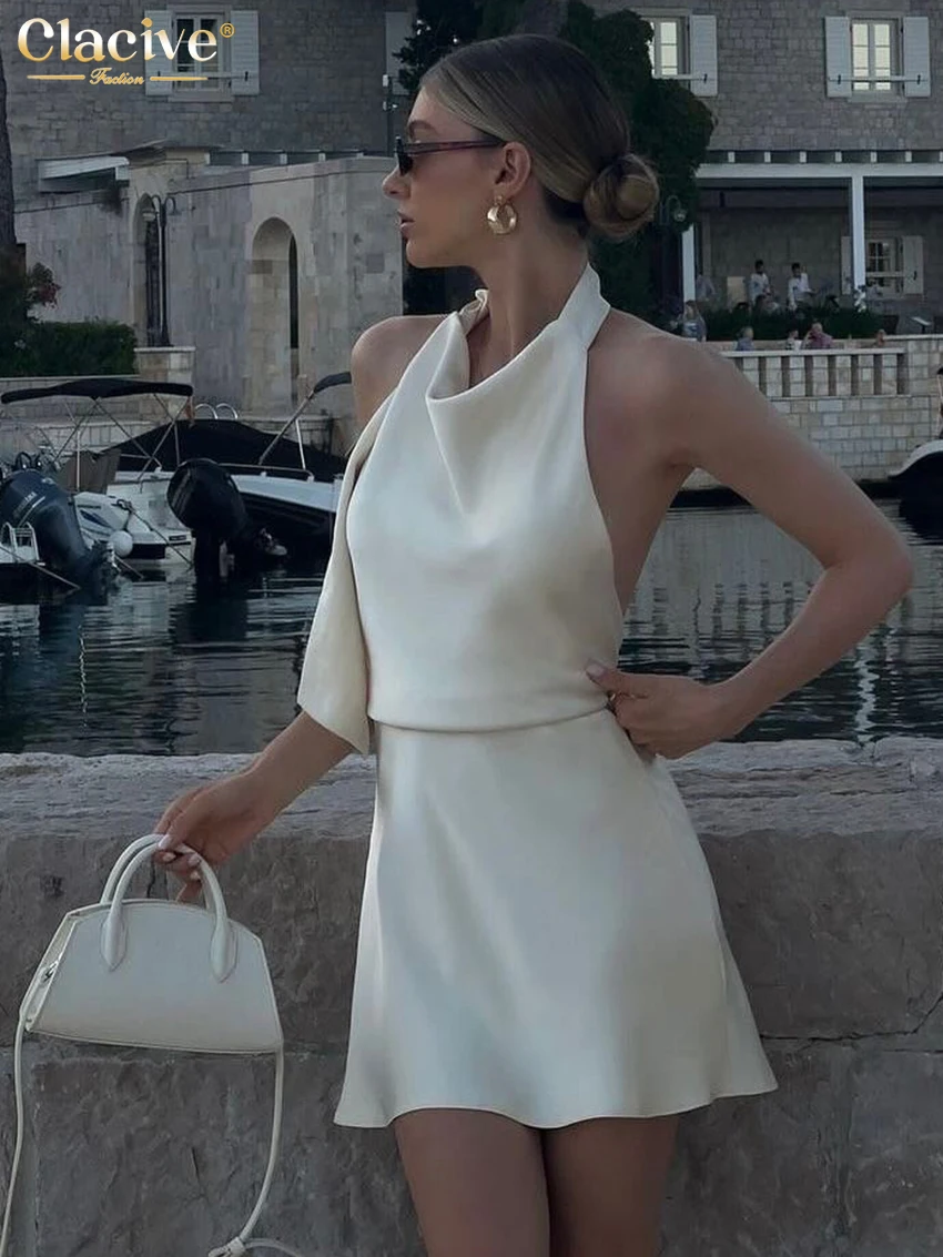 Clacive Sommer Schlank Beige Satin Frauen Kleid Sexy Halfter Ärmellose Mini Kleider Elegante Spitze-Up Hohe Taille Backless Weibliche kleid