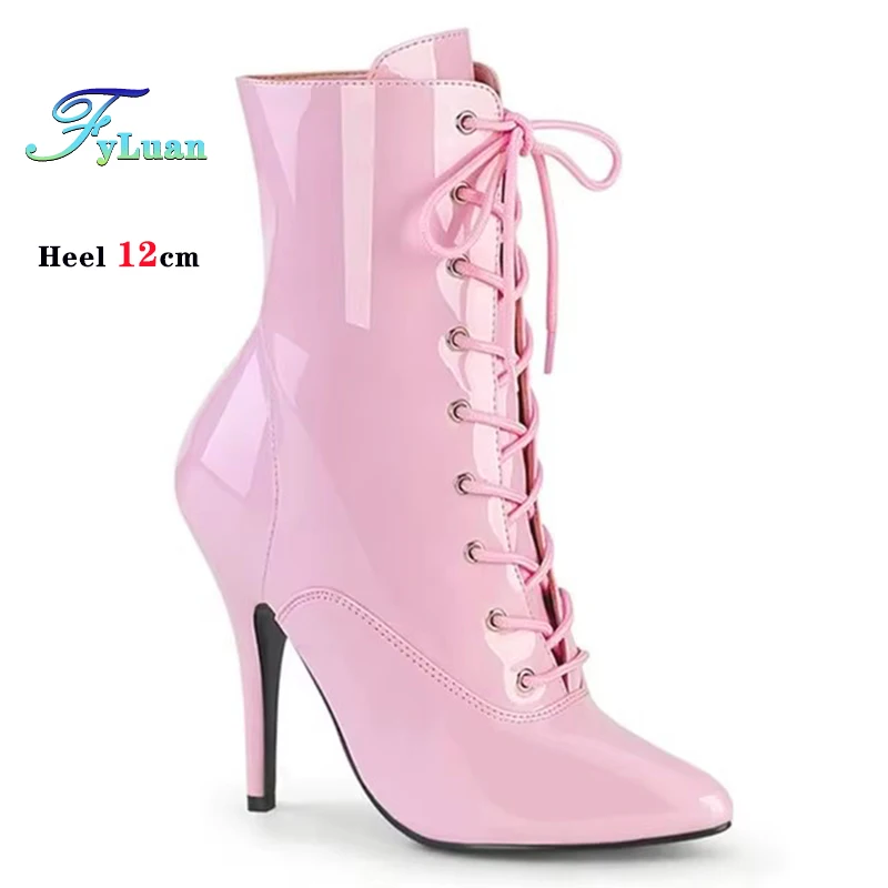 12 CM Dünne High Heels Frauen Rosa Spitz Stiefel Sexy Frau Schuhe Europäischen und Amerikanischen Plus Größe 44 45 46 Pole Dance Booties Image