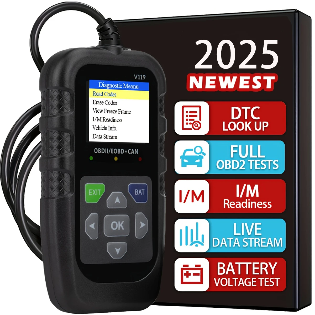 Lecteur de code de diagnostic de voiture OBD2 - Lecteur de code moteur avec test de tension recherche rapide des codes d
