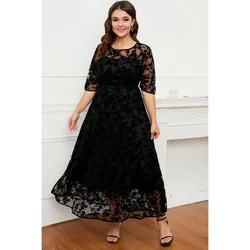 Robe longue en velours à double couche, tunique en dentelle noire, robe maxi formelle, col rond,