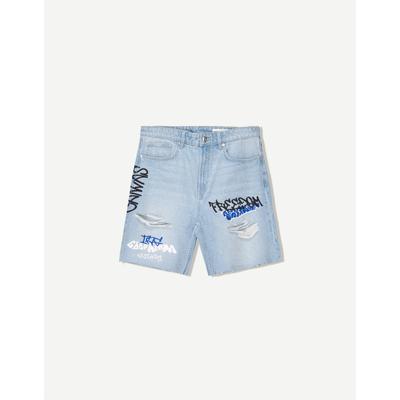 Bershka Printed Denim Bermuda Shorts Men 36 Light Blue