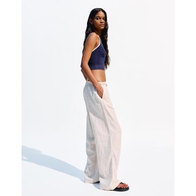 Bershka Linen Blend Trousers With An Elasticated Waistband Women M Cream
