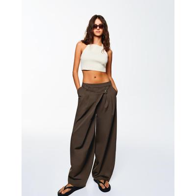 Bershka Tailored Fit Trousers With Crossover Waist Women 08 Sand