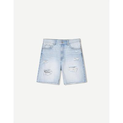 Bershka Ripped Denim Bermuda Shorts Men 31 Light Blue